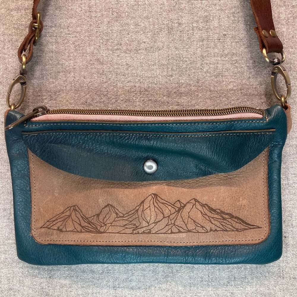 Leather Crossbody Bag Handmade Mountains Teal Brown Snap Zipper Detachable Strap